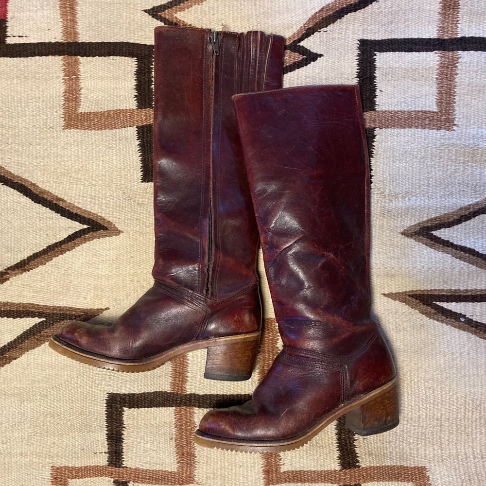 Vintage Campus Boots Bort Carleton Frye Oxblood 70's tall leather heel sz 7.5
